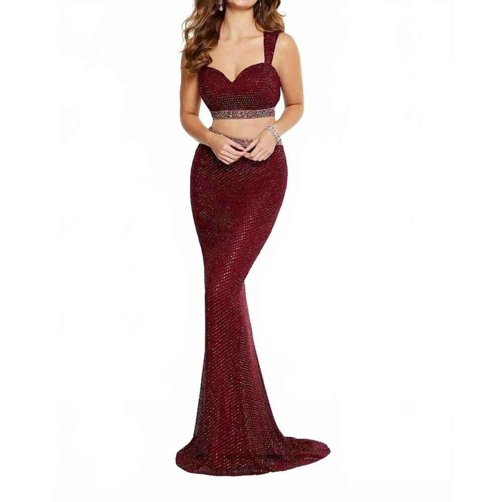 NEW PANOPLY women's long rhinestone net mermaid dress in wine